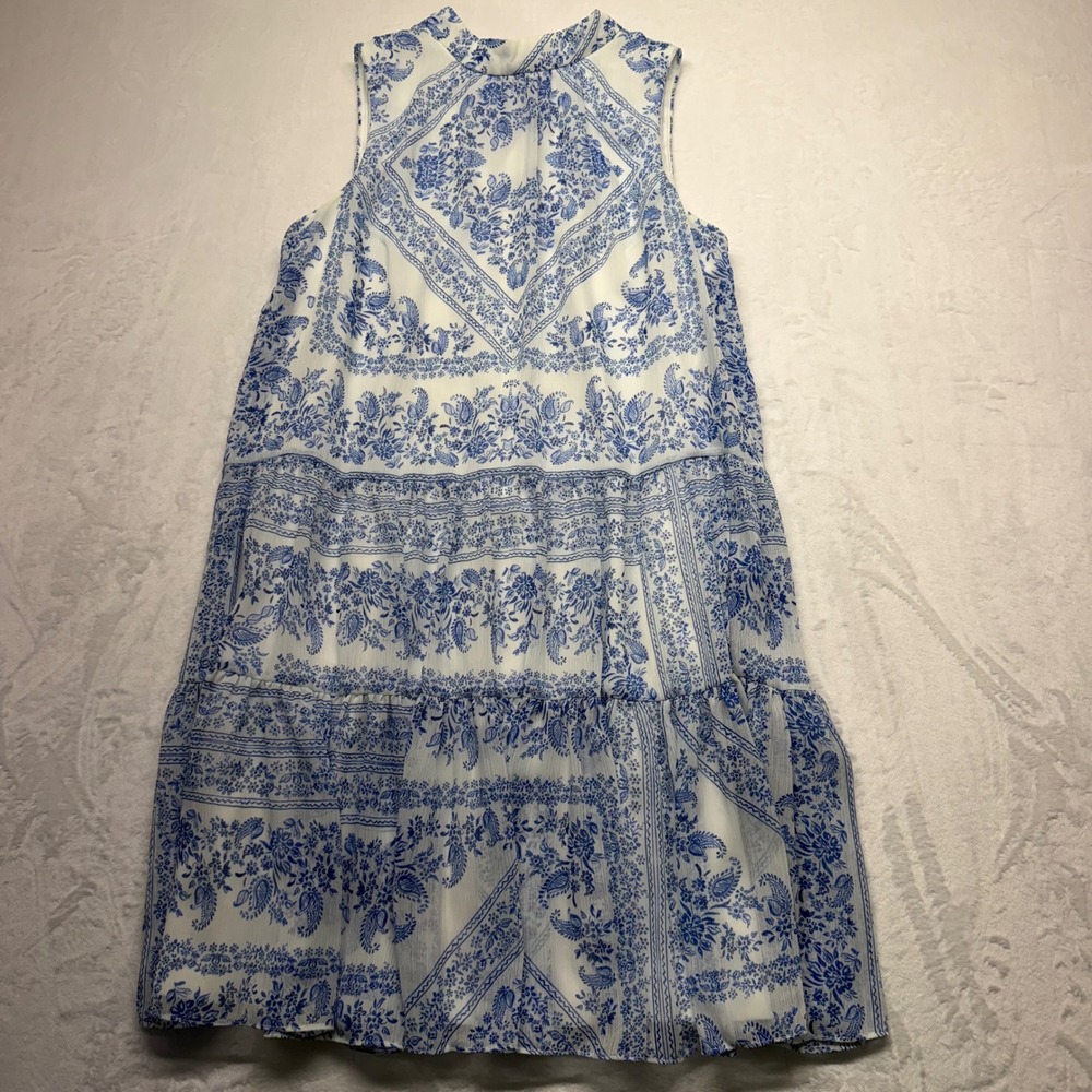 Calvin Klein Tiered Mini Dress 10 Blue White Paisley Sleeveless Summer Boho